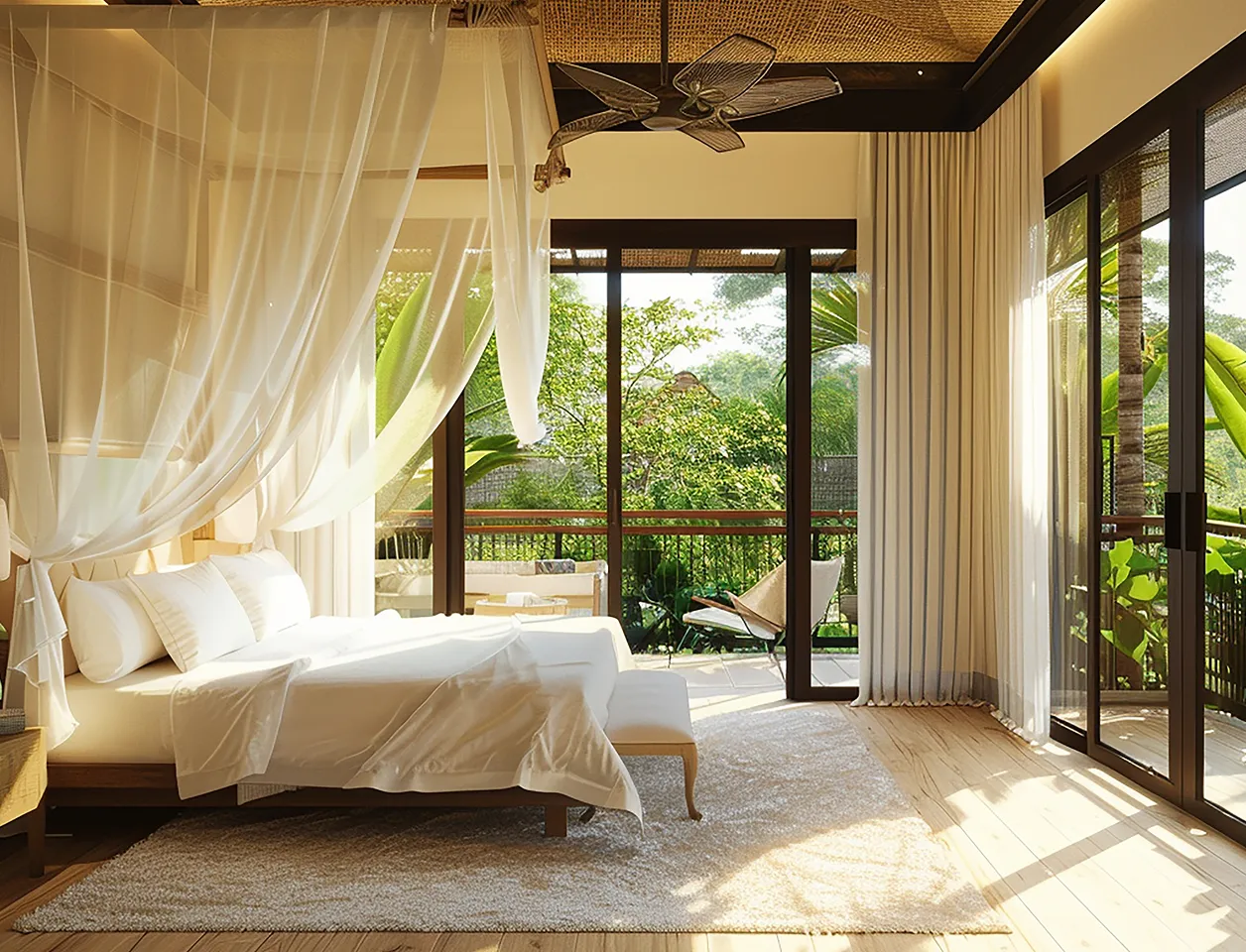 Bright bedroom with white sheer curtains around bed, large sliding glass doors opening to balcony with chairs and green foliage outside.