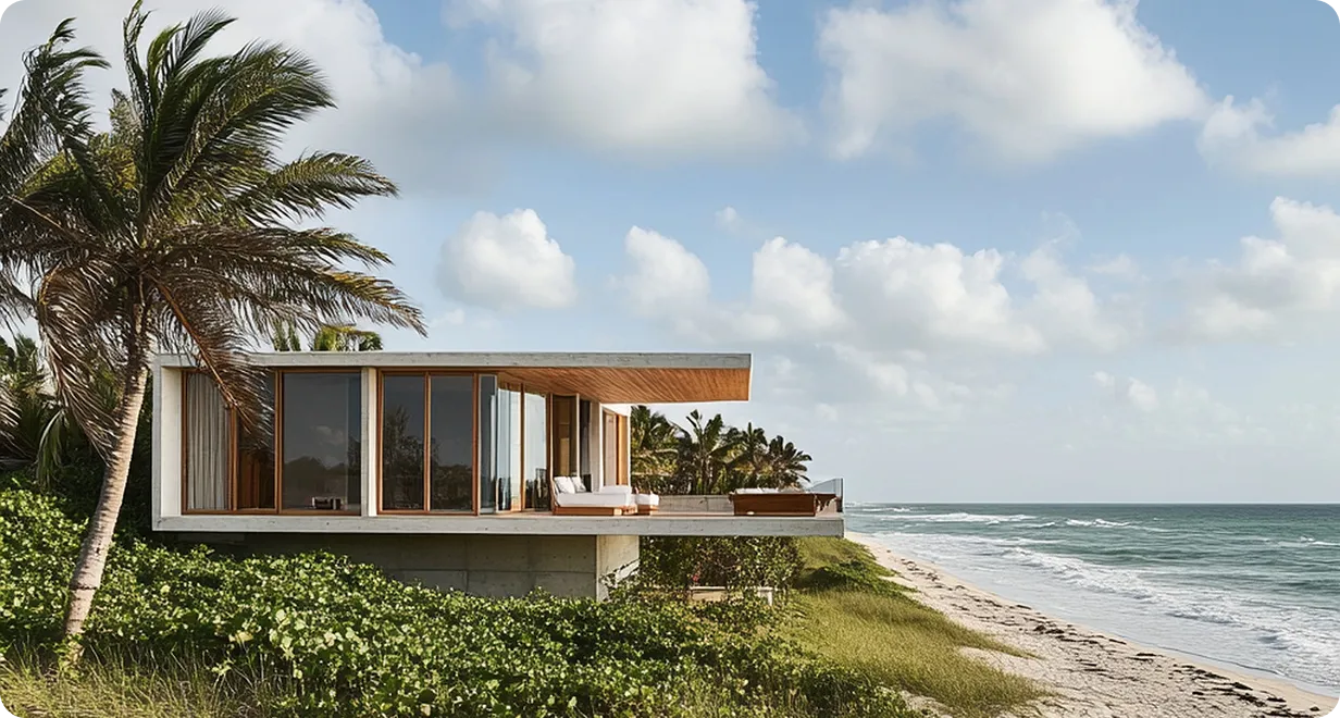 Modern beach house with large glass windows and wooden accents overlooking the ocean and sandy shore with palm trees and green vegetation.