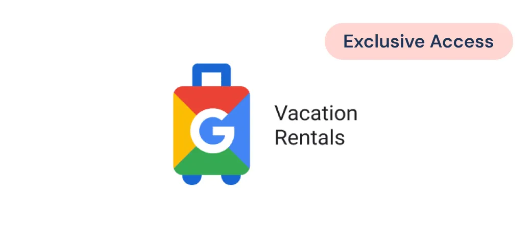 Colorful suitcase with Google G logo next to the text 'Vacation Rentals' and a pink label reading 'Exclusive Access'.
