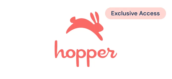 Logo with a stylized coral-colored rabbit above the word 'hopper' in lowercase script and a rounded rectangle with 'Exclusive Access' text.