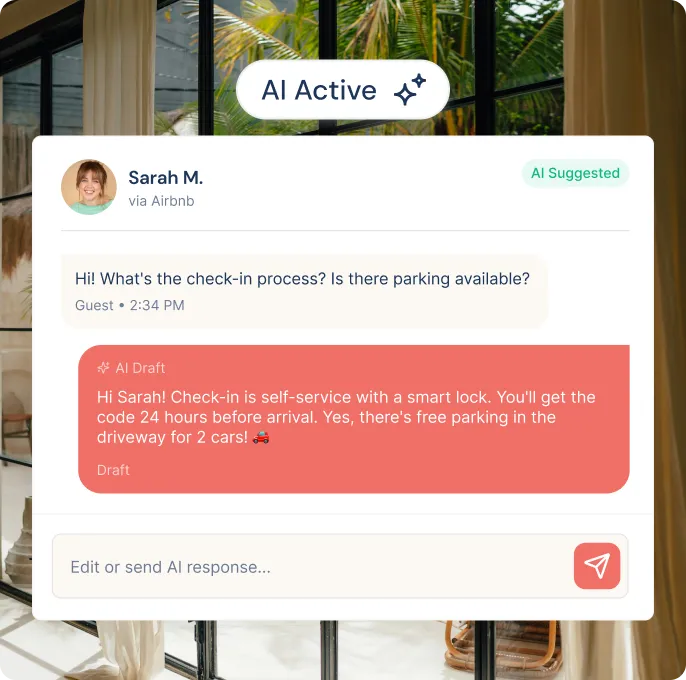 Chat interface showing a guest asking about check-in and parking, with an AI-generated draft response explaining self-service check-in with a smart lock and free parking for two cars.