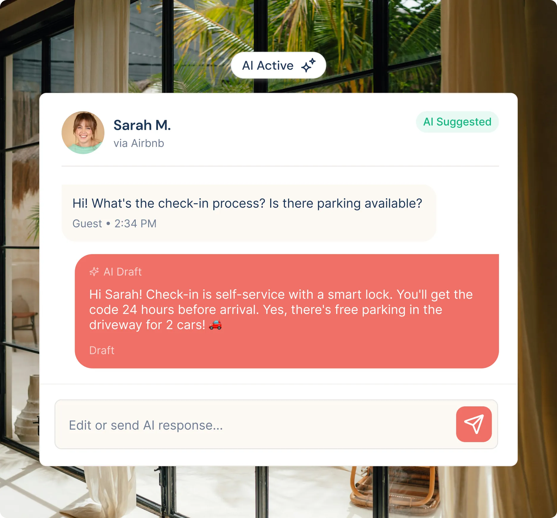 Chat interface showing a guest named Sarah M. asking about check-in process and parking, with an AI suggested draft response explaining self-service check-in and free parking for 2 cars.