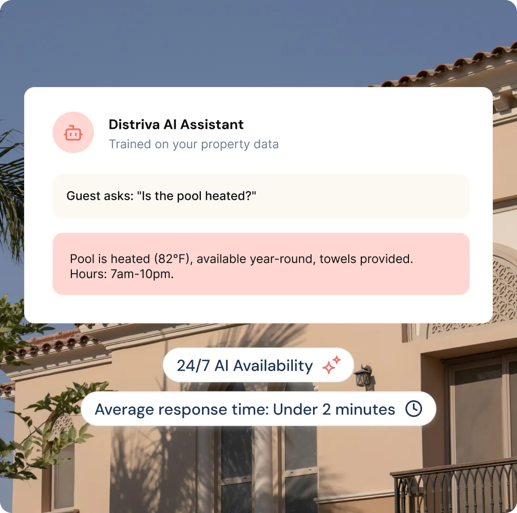 Screenshot of Distriva AI Assistant answering a guest's question about pool heating, stating the pool is heated to 82°F, open year-round with towels and hours from 7am to 10pm, over a background of a Mediterranean-style building.