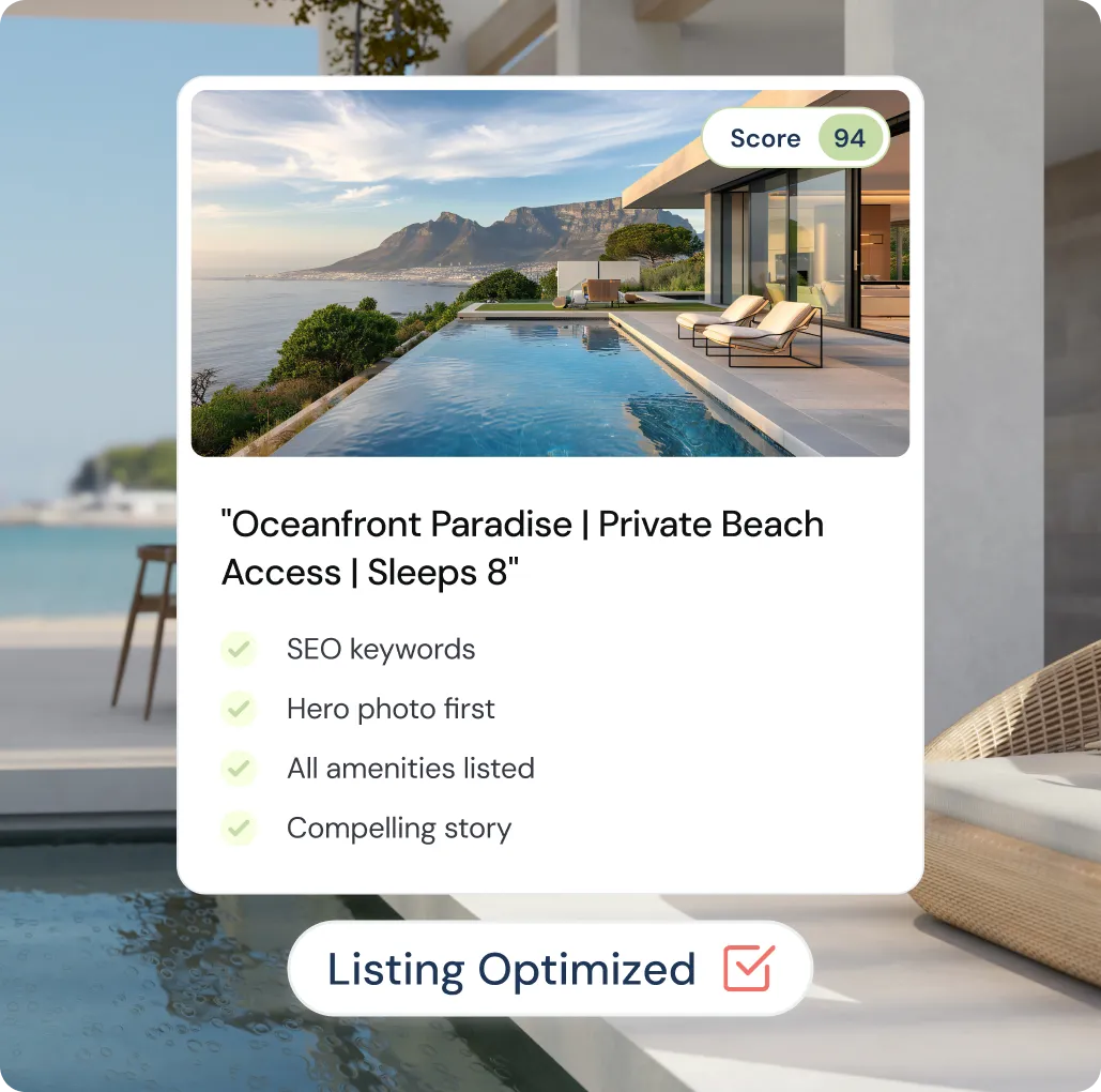 Modern oceanfront house with infinity pool overlooking a mountain and ocean, listing score 94 and optimization checklist.