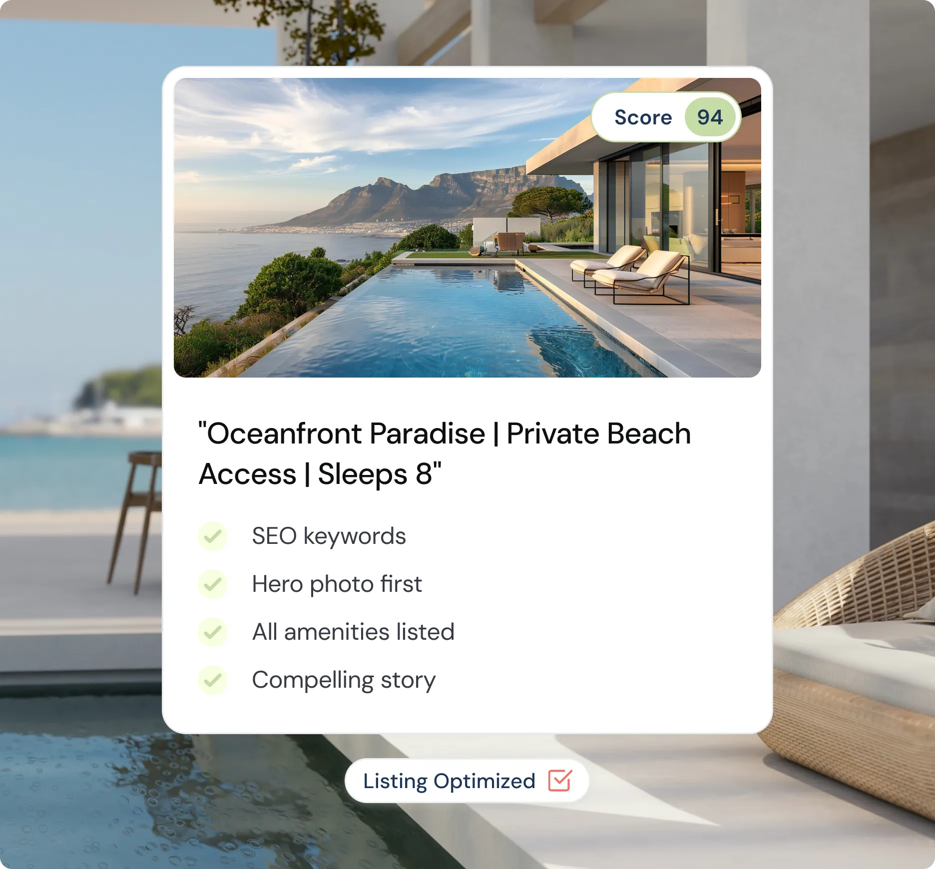 Oceanfront modern house with infinity pool overlooking the sea and mountains under a blue sky.