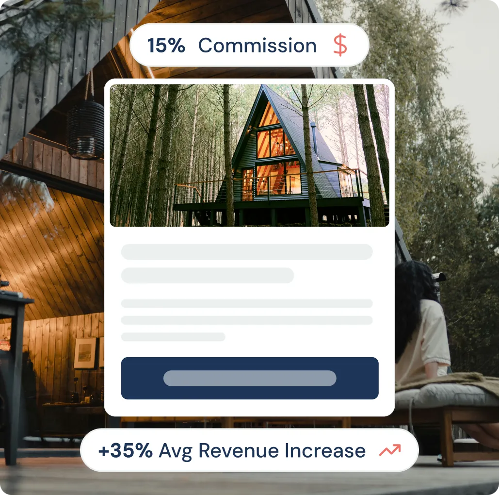 Modern A-frame cabin in a forest with text overlay stating 15% commission and +35% average revenue increase.