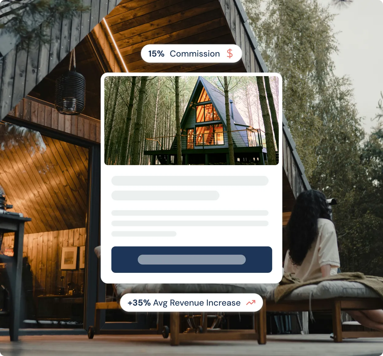 A-frame cabin with warm interior lighting surrounded by tall trees in a forest, overlaid with graphics showing 15% commission and +35% average revenue increase.