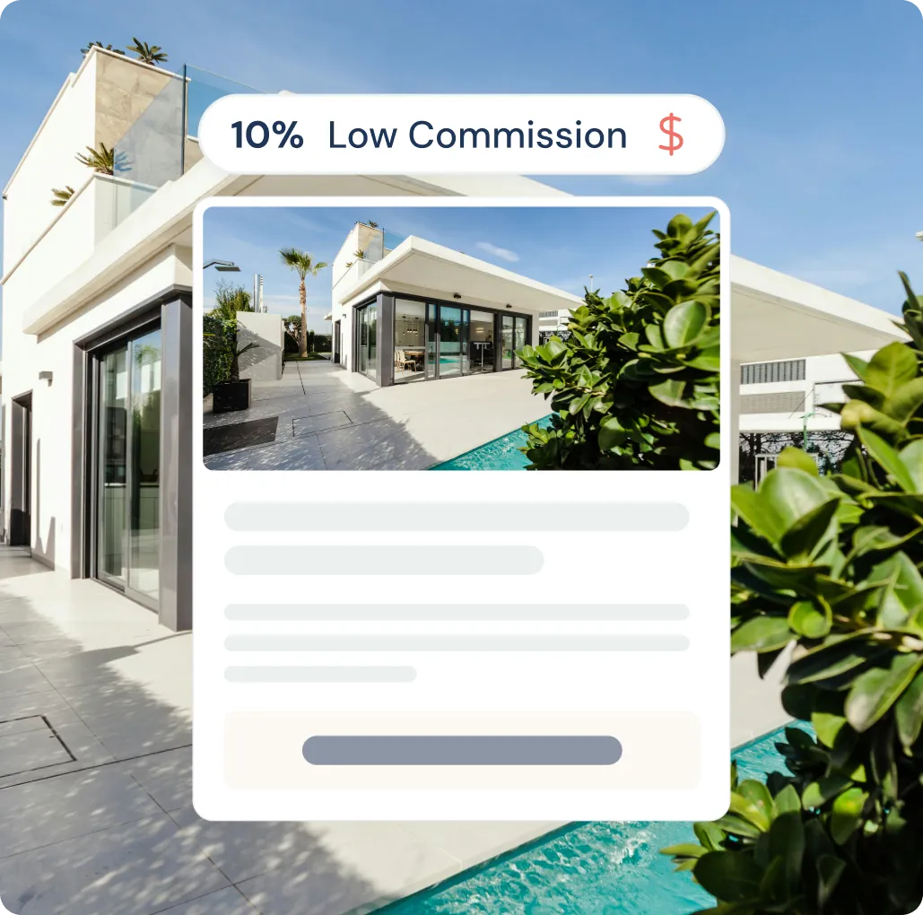 Modern white house with large glass sliding doors, a swimming pool, and greenery under a clear blue sky, overlaid with a graphic indicating 10% low commission.