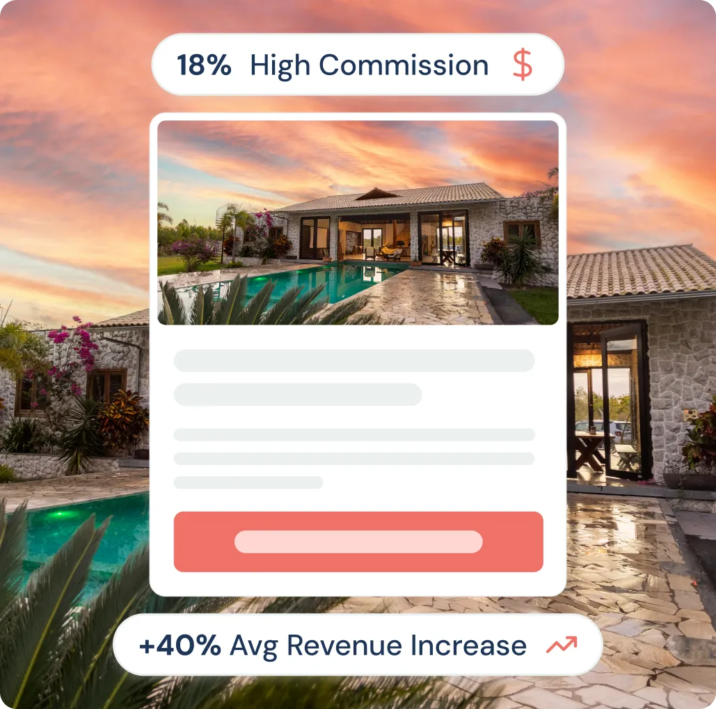 Modern stone house with a pool at sunset, overlay text highlights 18% high commission and 40% average revenue increase.