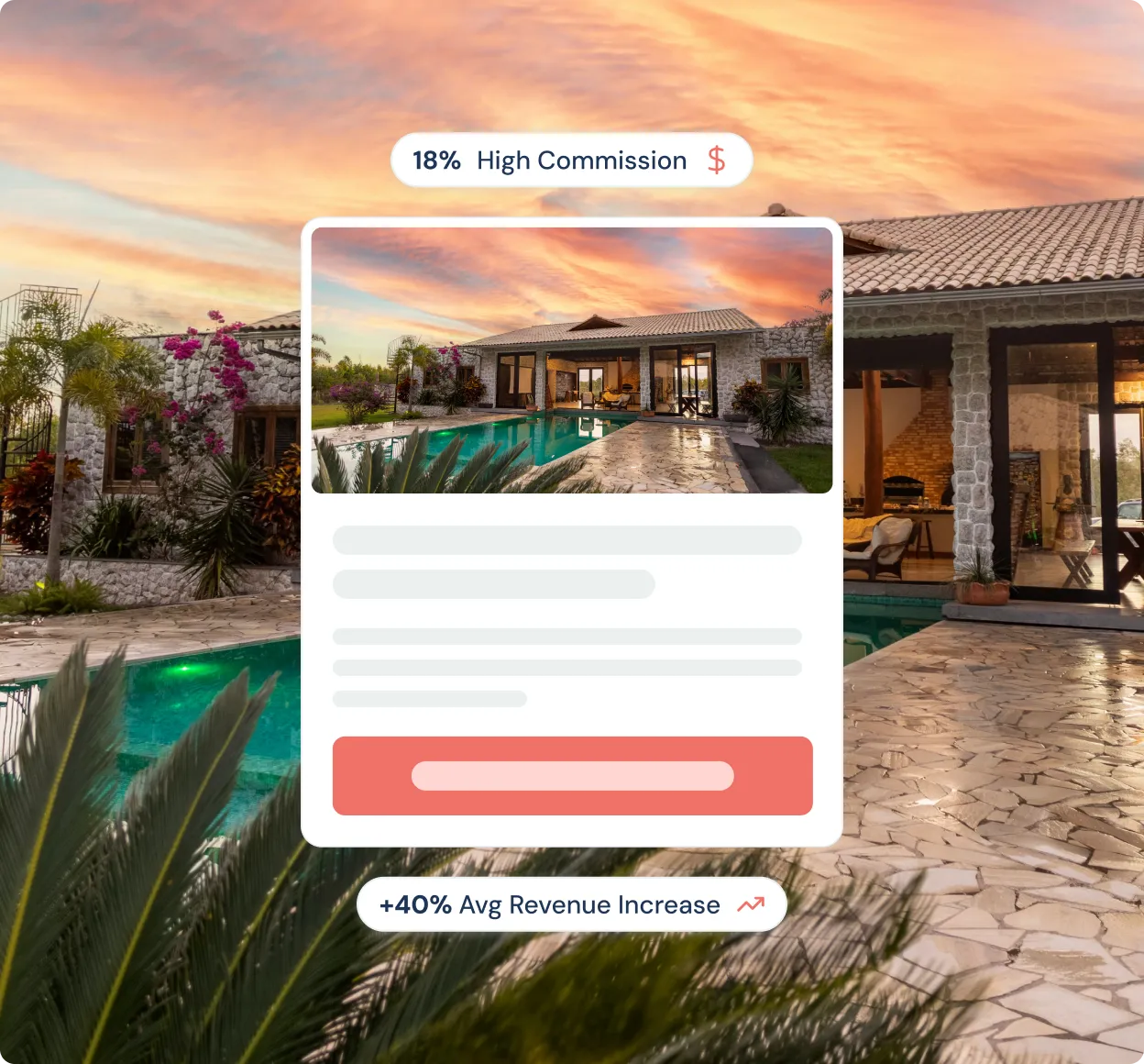 Stone house with a tiled roof, large glass doors, a swimming pool, and lush plants under a colorful sunset sky.