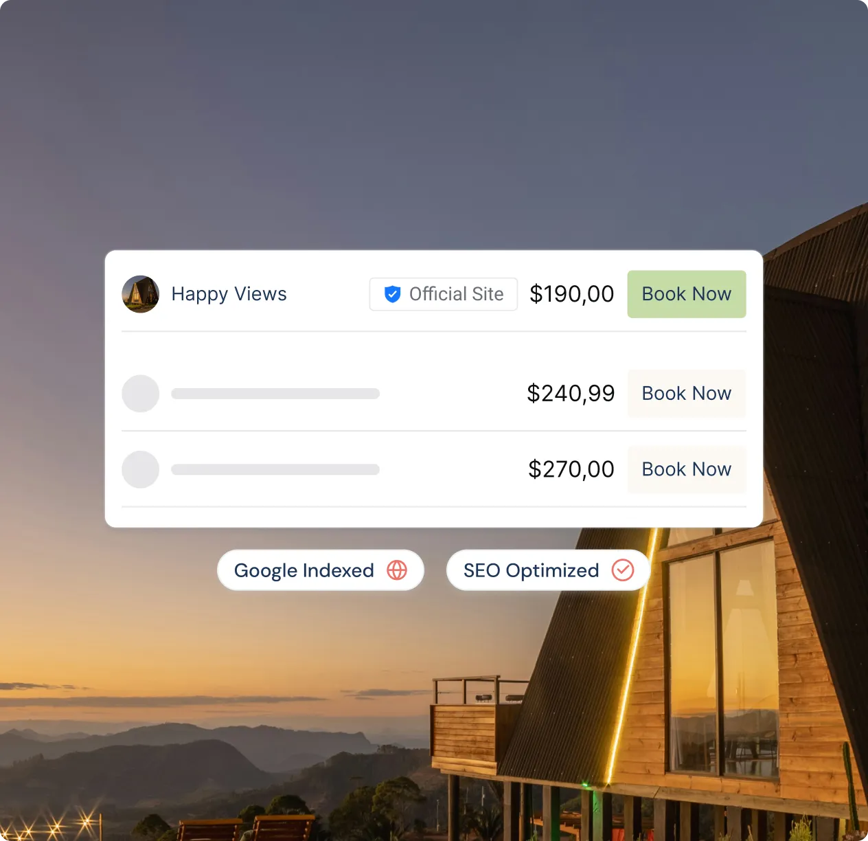 Booking options for Happy Views site with prices $190.00, $240.99, and $270.00, including a verified official site badge and booking buttons.