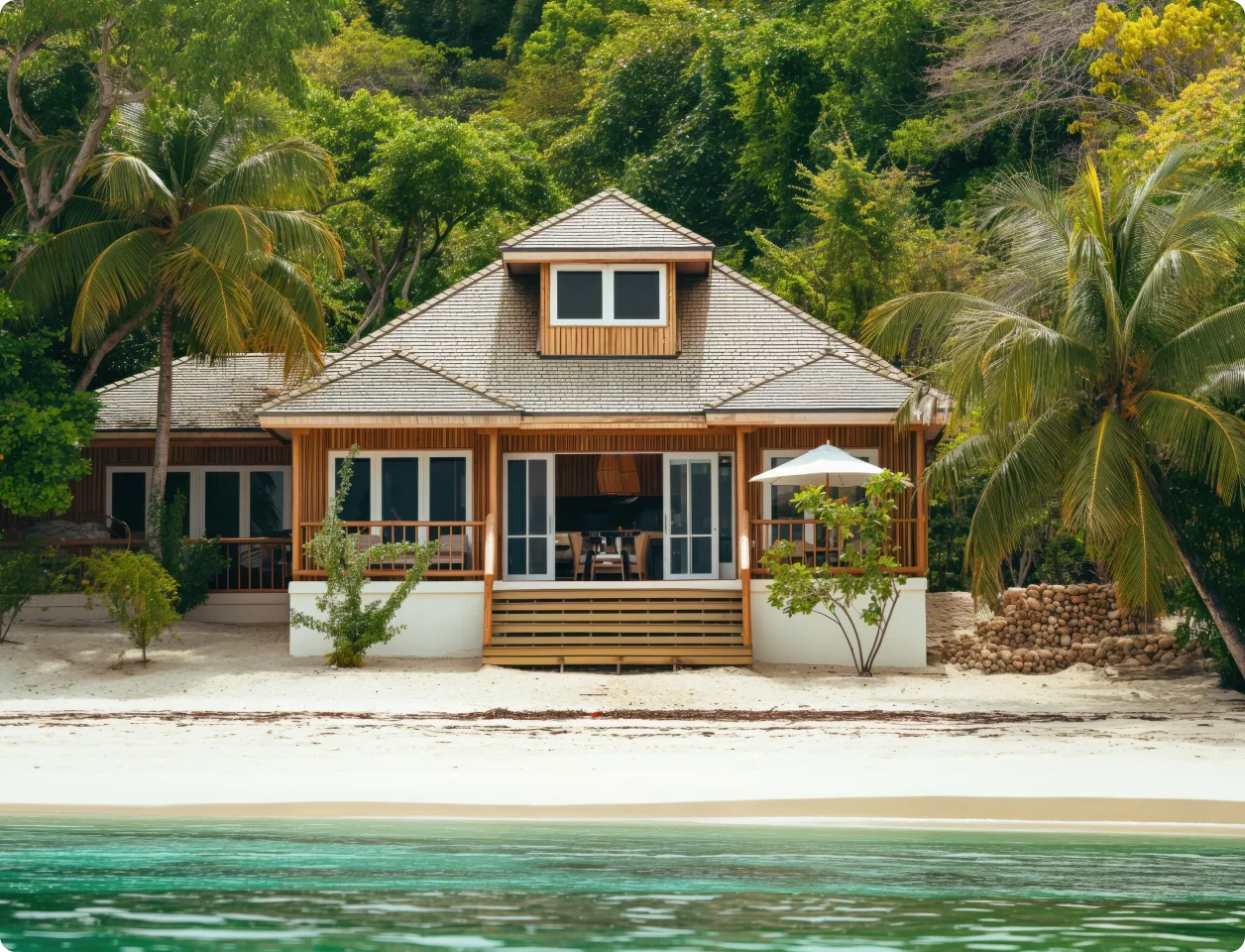 Beach house with wooden exterior and large windows surrounded by tropical palm trees and greenery by clear turquoise water.