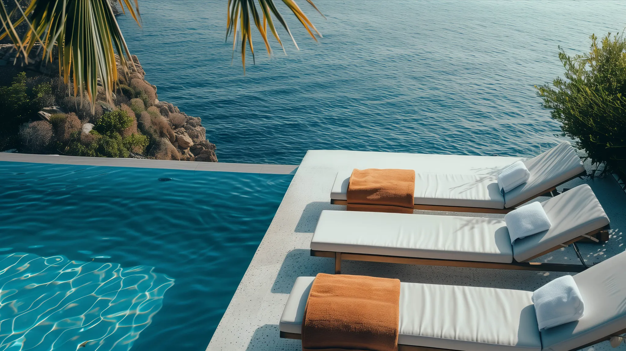 Three white cushioned lounge chairs with towels by an infinity pool overlooking a calm ocean with rocky shore and greenery.
