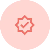 Checkmark inside a star-shaped badge on a pink circular background.