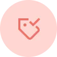 Red price tag icon with a checkmark inside on a pink circular background.