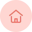 Home icon with a roof and house outline in red on a pink circular background.