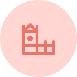 Icon of a landmark tower building on a pink circular background.