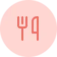 Pink circle icon with red fork and knife symbol representing restaurants.