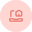 Icon of a house with an upward arrow indicating distribution on a pink circular background.
