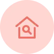 Magnifying glass inside a house icon on a pink circular background.