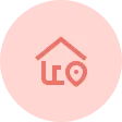 House icon with a location pin on a pink circular background.