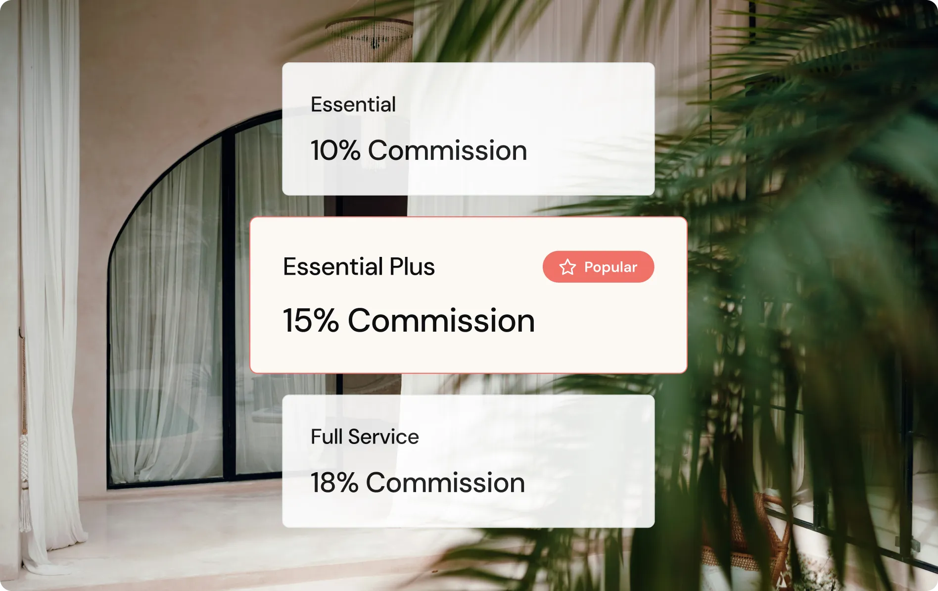 Commission options displayed: Essential 10%, Essential Plus 15% marked popular, Full Service 18%.