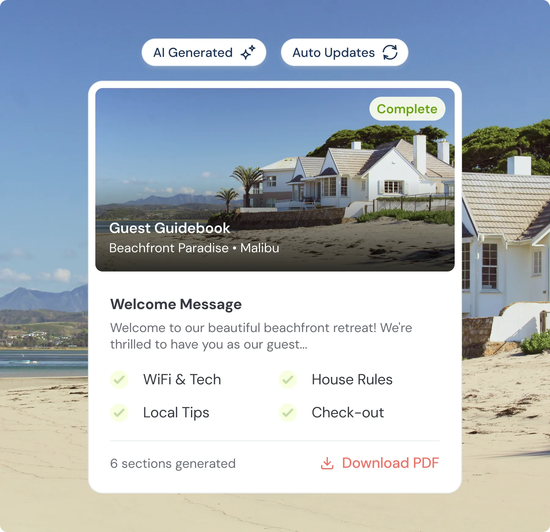 Guest guidebook for Malibu beachfront with welcome message, sections on WiFi, house rules, local tips, and checkout.
