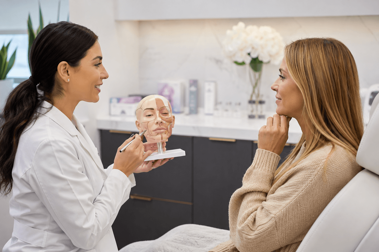 Patient consulting with an aesthetic provider about Botox, dermal fillers, PRP, and Sculptra treatment options at an aesthetic clinic in San Diego, California.