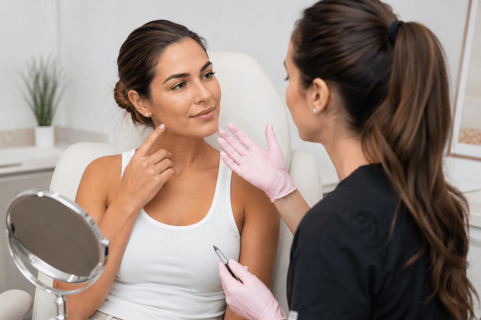 Woman consulting with an aesthetic provider about fillers and neurotoxins in San Diego, California