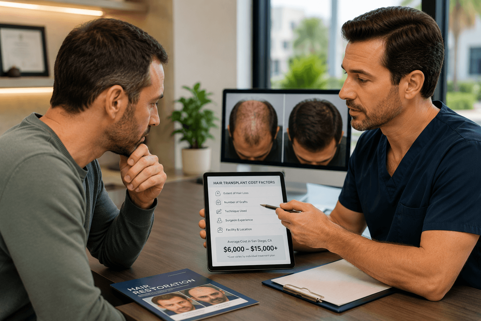 Hair specialist consulting a patient about hair replacement options in San Diego, California