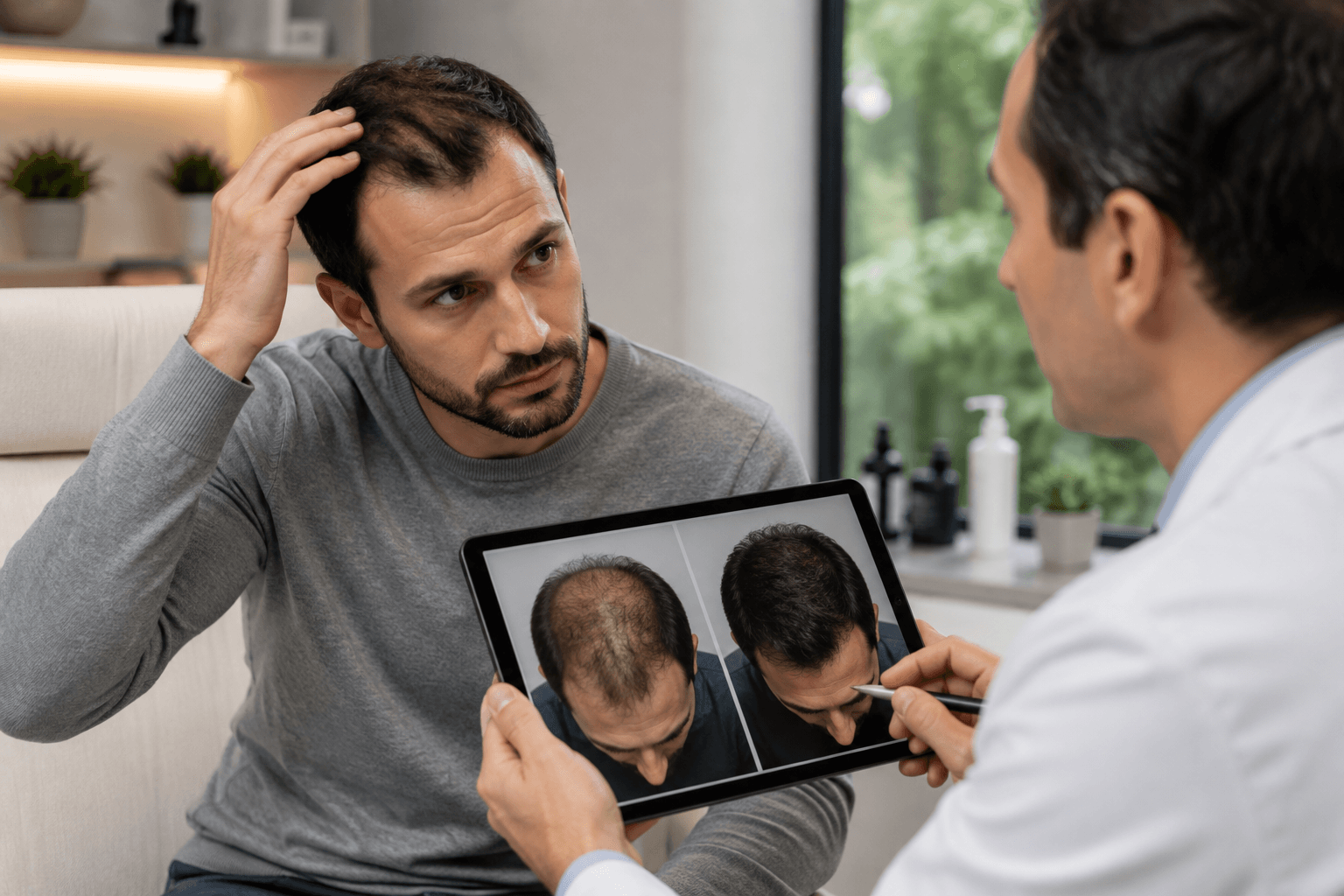 Hair restoration specialist consulting with a patient about hair transplant cost in San Diego, California