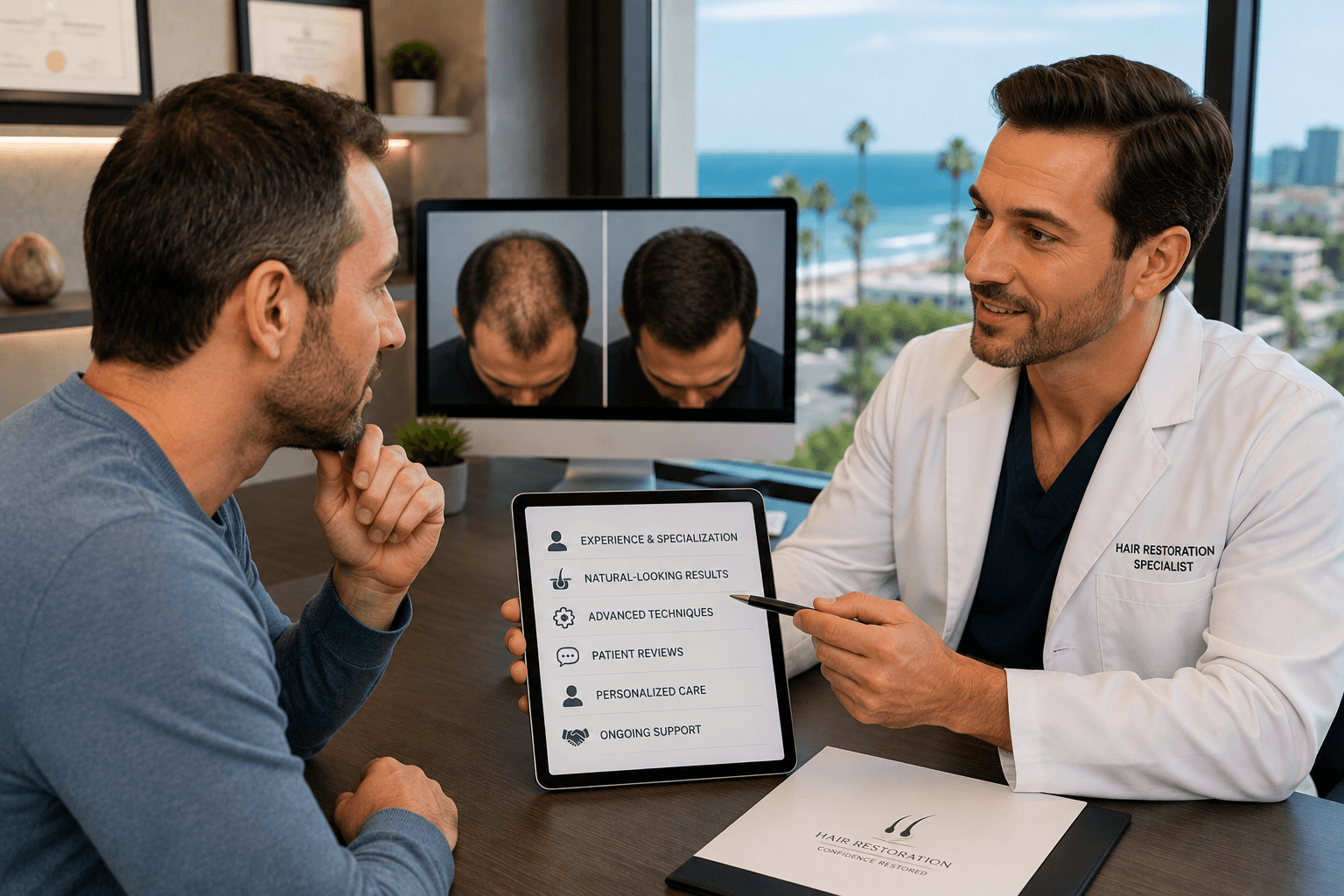 Patient consulting with a specialist at a hair implant clinic in San Diego, California