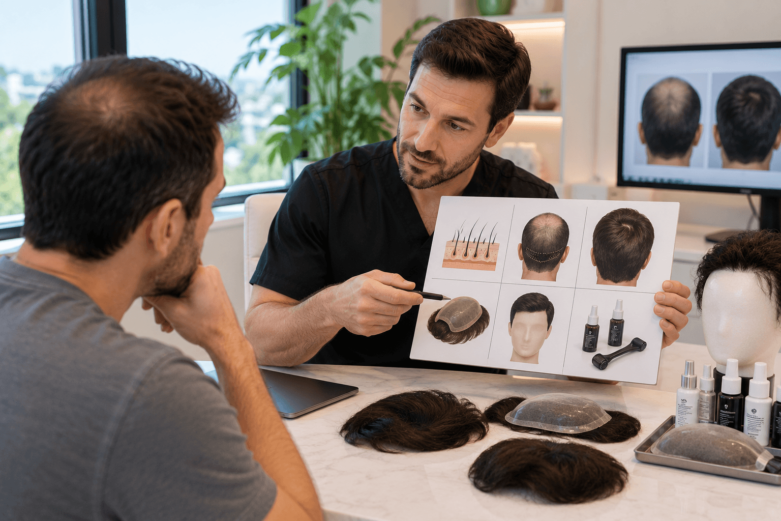 Hair replacement consultation for scalp, eyebrow, and beard restoration in San Diego