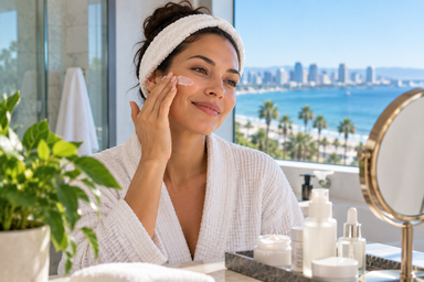 Woman following a daily skin care routine at home in San Diego, California
