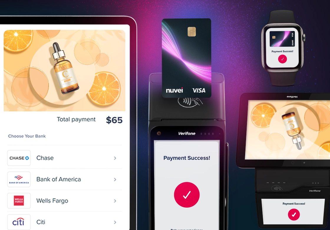 An illustration of a tablet, payment machine and other smart devices showing how Nuvei's payments solutions are integrated. 