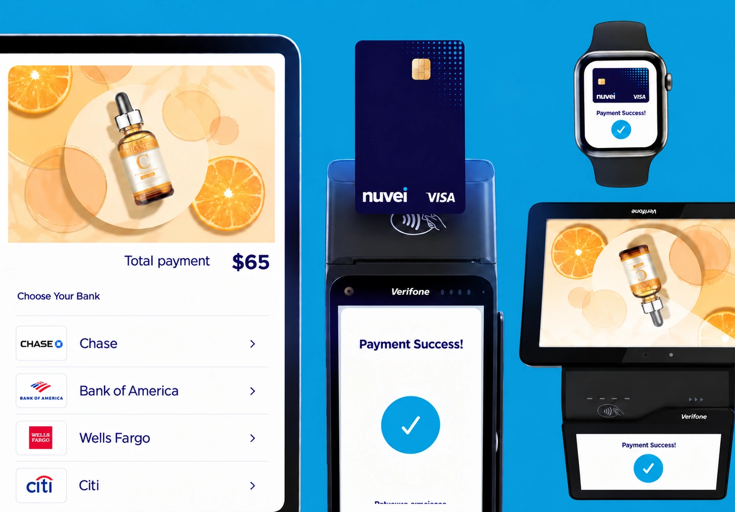 An illustration of a tablet, payment machine and other smart devices showing how Nuvei's payments solutions are integrated. 