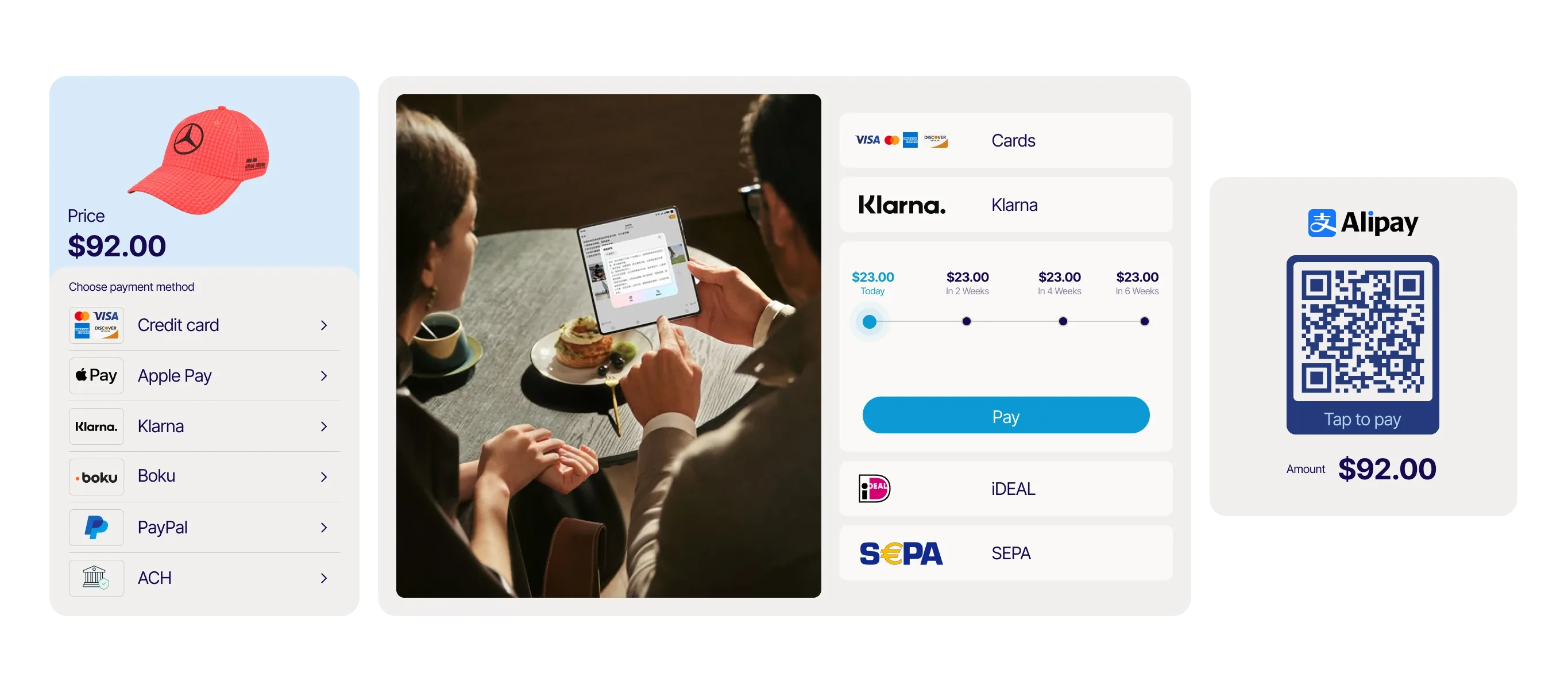 An illustration showing Nnvei's full payment solution process divided into 3 stages with a man in the middle buying a cap on mobile. 