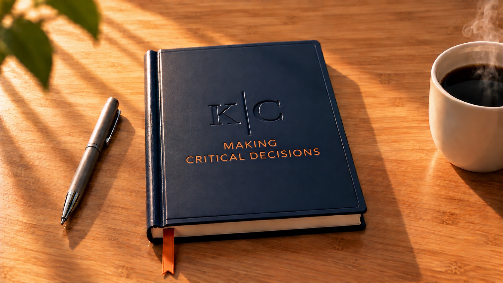 Navy notebook embossed with the K|C monogram, titled Making critical decisions