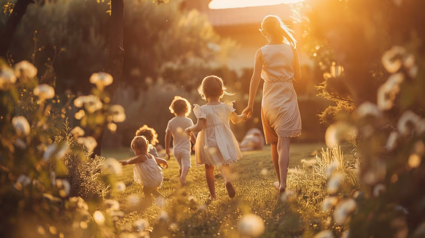 Une femme tenant la main d'un enfant tandis que plusieurs jeunes enfants courent à travers un jardin ensoleillé.