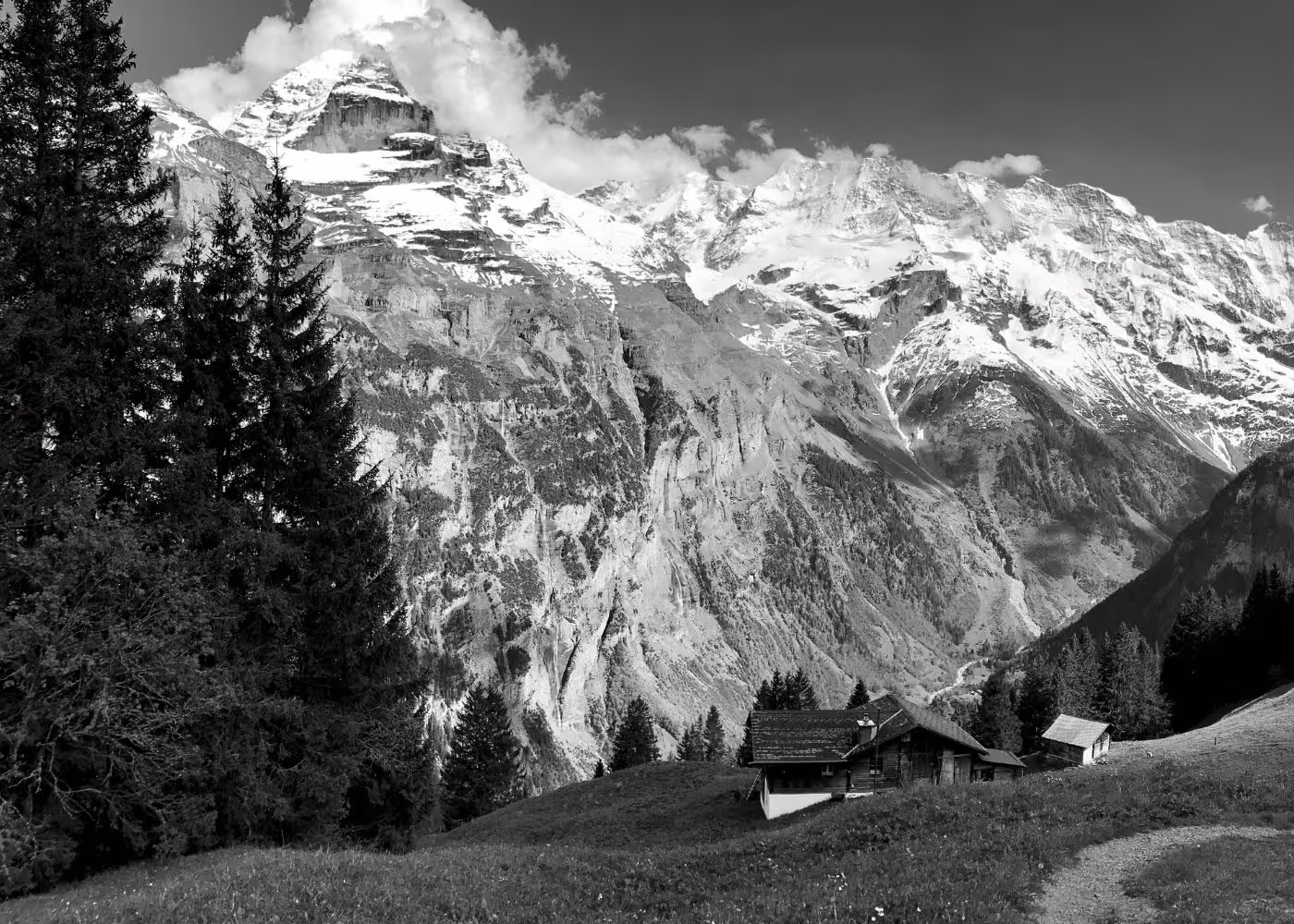 Snow-capped mountain range with a valley, pine trees, and two wooden cabins on a grassy hillside.