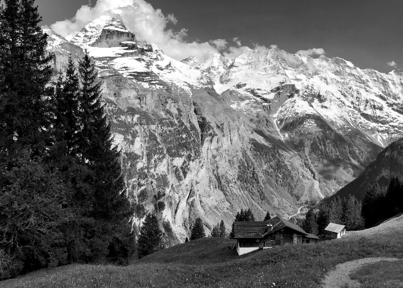 Snow-capped mountain range with a valley, pine trees, and two wooden cabins on a grassy hillside.