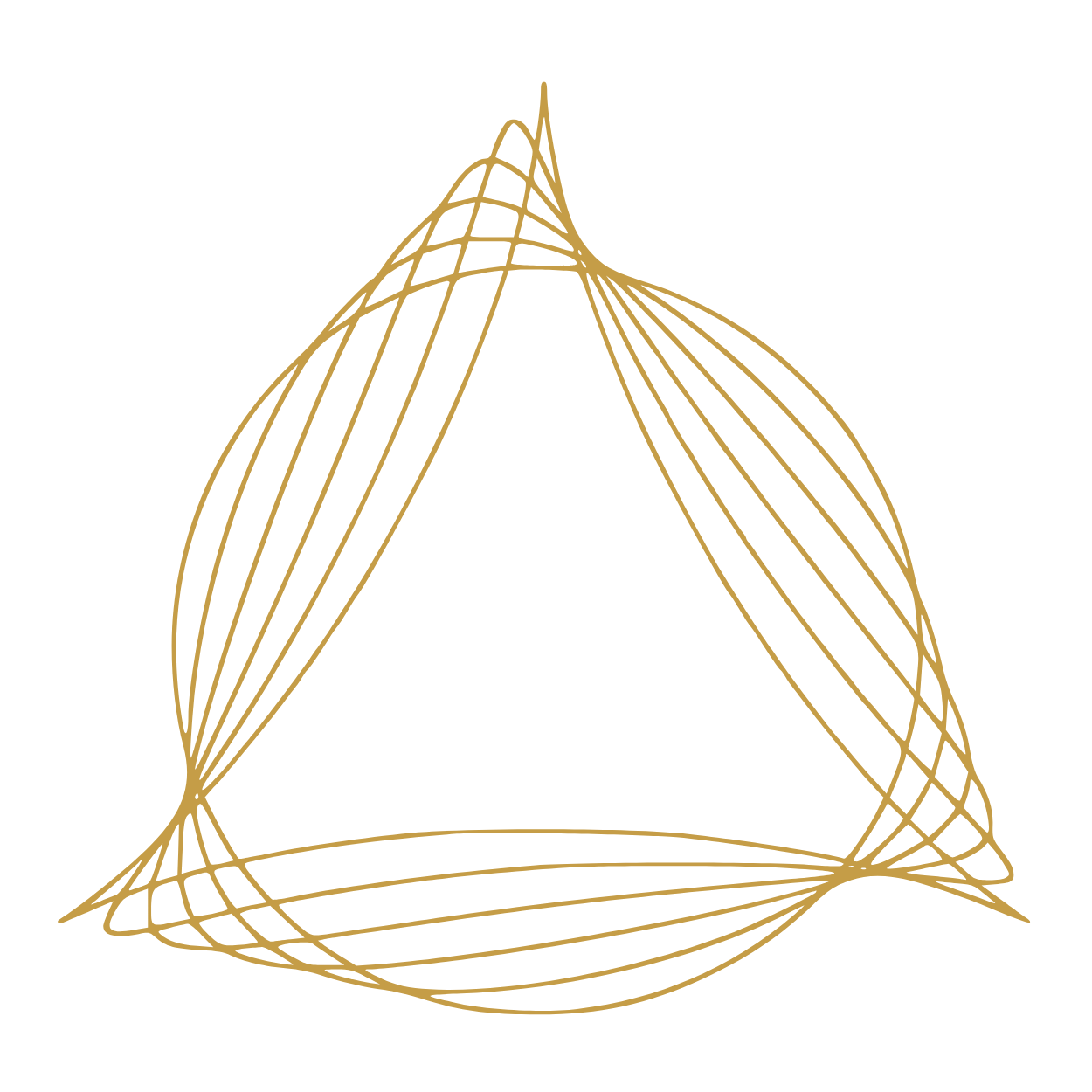 Gold-colored abstract wireframe shape forming a curved triangular loop on a black background.