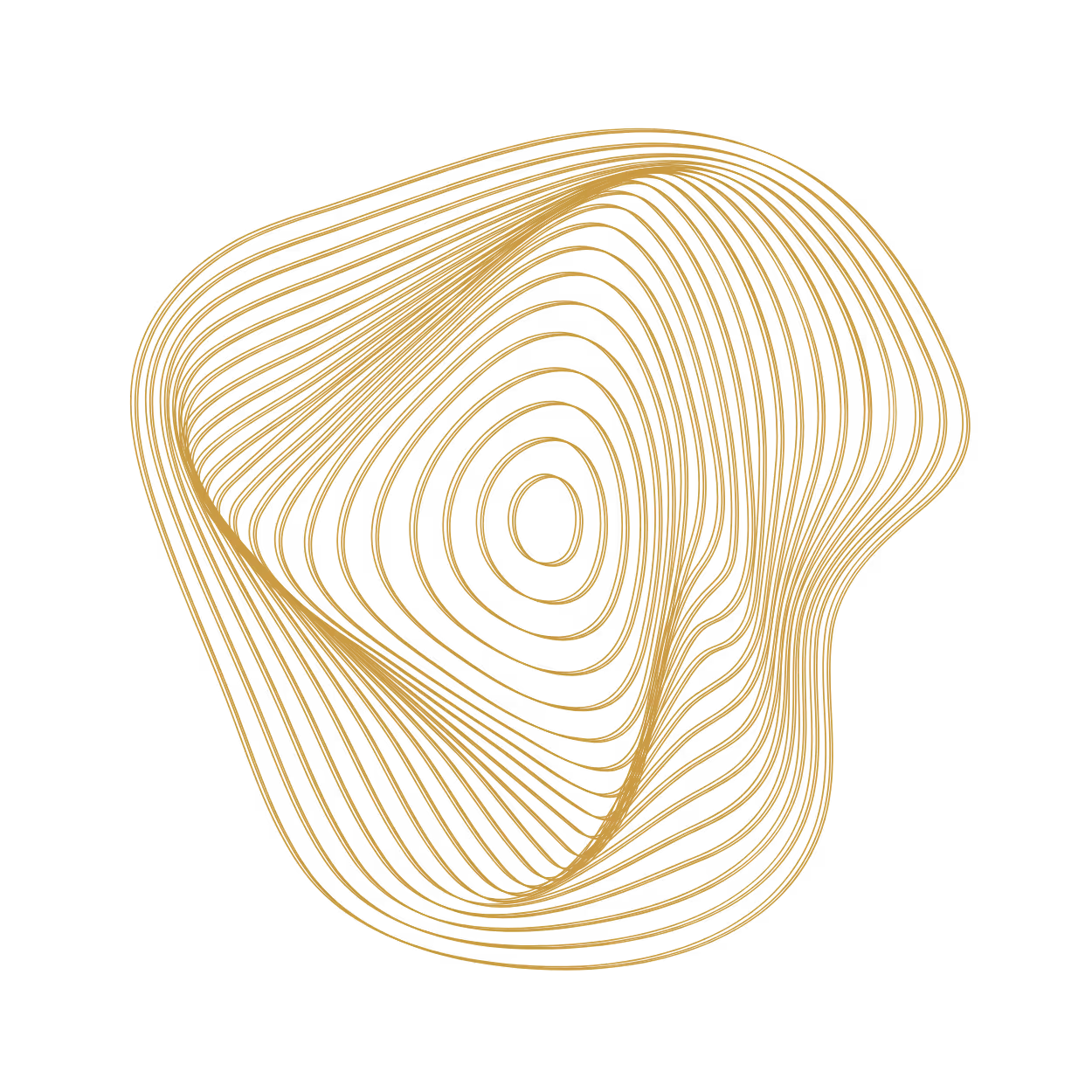Abstract geometric shape with concentric, curving golden lines forming a rounded triangular pattern on a black background.