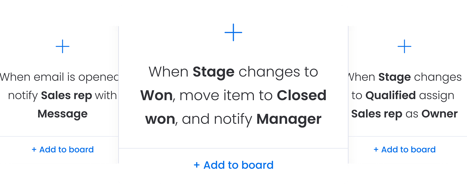Carte d'automatisation monday CRM indiquant que lorsque le stade change en gagné, déplacer l'élément en fermé gagné et notifier le gestionnaire, avec option ajouter au tableau.