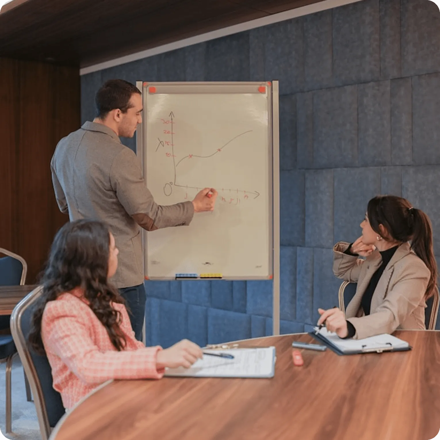 Un homme présente un graphique croissant sur un tableau blanc à deux femmes assises à une table en réunion.