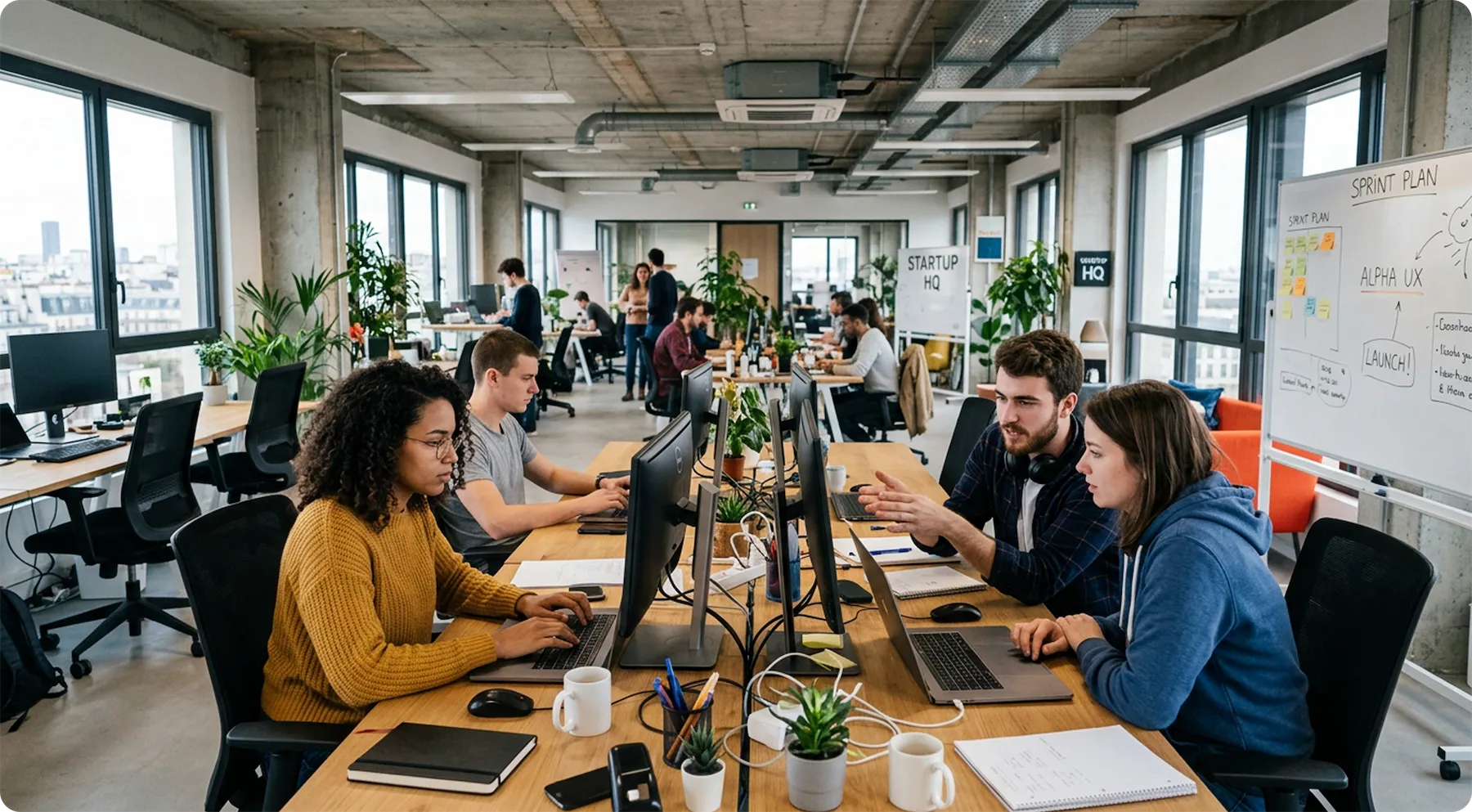 Employés travaillant ensemble dans un bureau moderne et lumineux avec des plantes, des ordinateurs et un tableau blanc marqué « Sprint Plan ».
