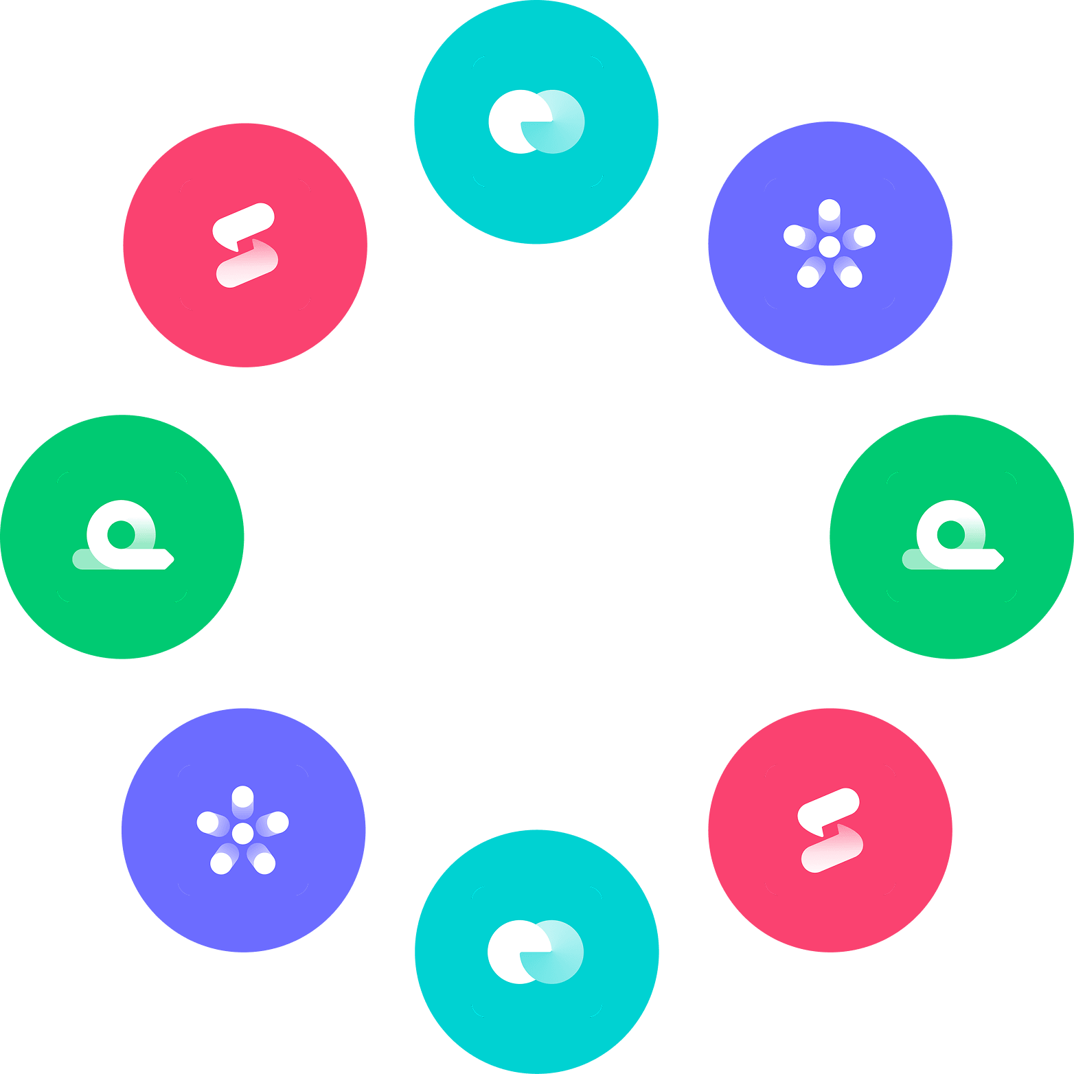 Huit cercles colorés disposés en cercle avec des icônes abstraites blanches au centre, incluant des formes circulaires, étoilées et en bande.