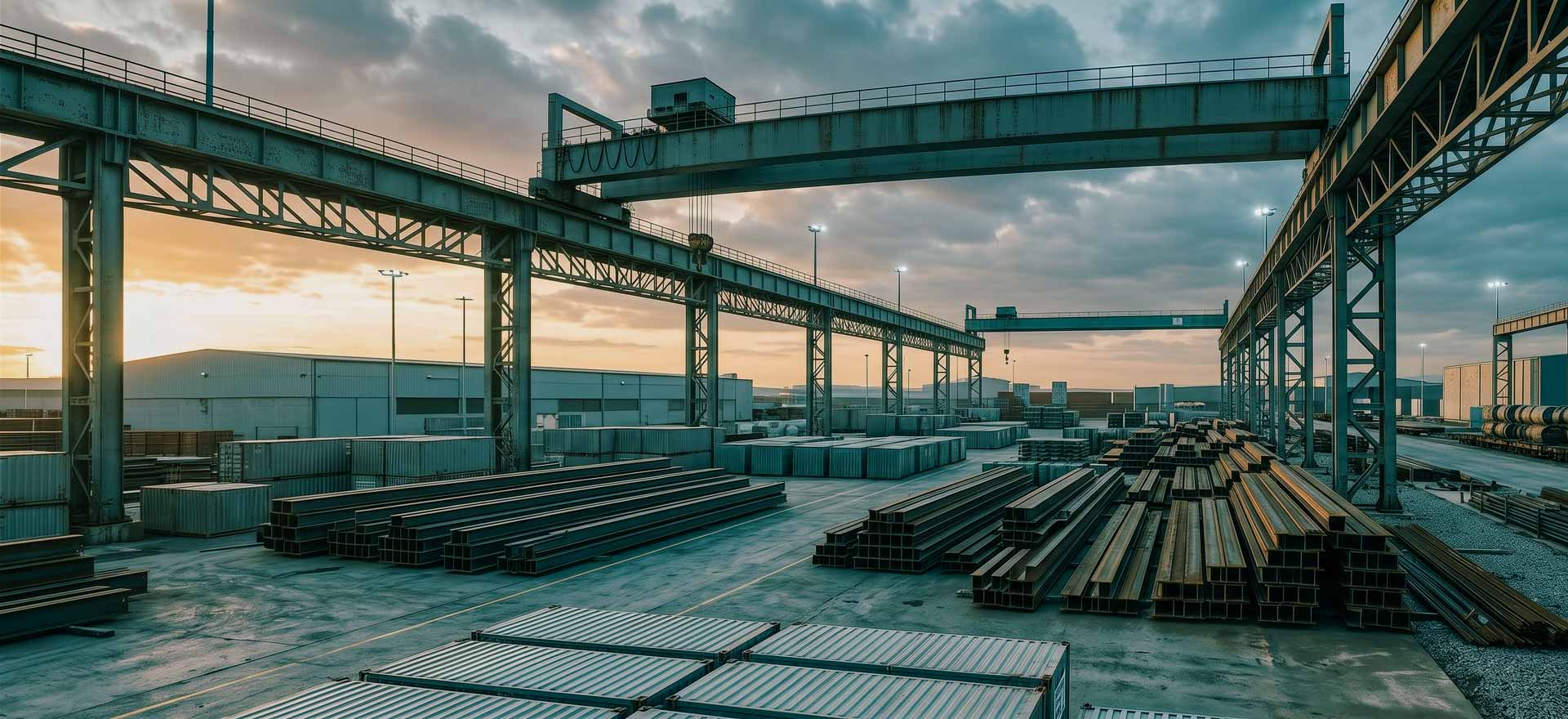 Pátio industrial com vigas de metal empilhadas e contêineres sob luz do pôr do sol.