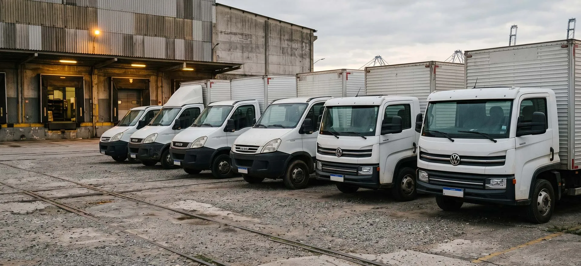 Frota de sete caminhões brancos estacionados lado a lado em área industrial com armazém ao fundo.