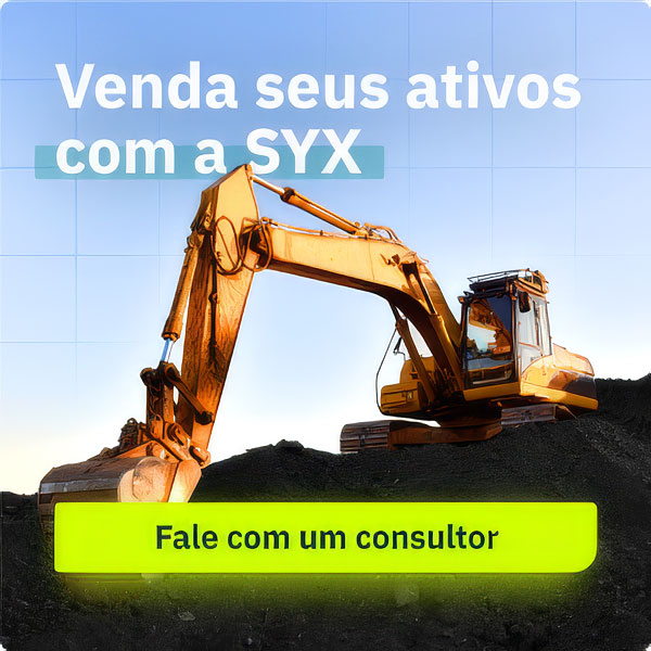 Escavadora laranja sobre monte de terra sob céu azul com texto Venda seus ativos com a SYX.
